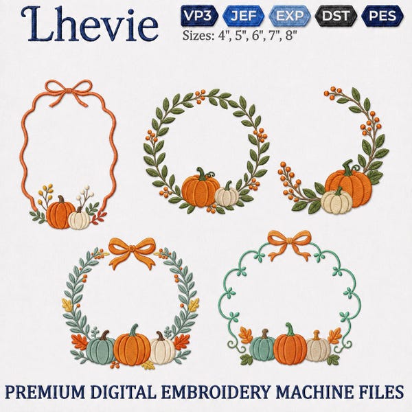 Pumpkin Frame Embroidery Design Bundle, Fall Floral Wreath Machine Embroidery File, Autumn Pumpkin Monogram Frame, Thanksgiving Design