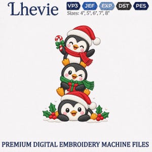 May include: A digital embroidery design featuring three stacked penguins. The top penguin wears a red Santa hat and scarf, holding a candy cane. The middle penguin wears a green scarf and holds a gift. The bottom penguin wears a red Santa hat, surrounded by holly berries and leaves. Text reads Lhevie and Sizes: 4", 5", 6", 7", 8".