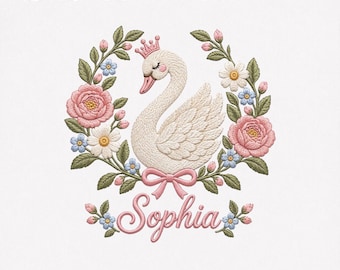 パーソナライズされた白鳥の刺繍デザイン、プリンセススワンの花柄カスタムネームミシン刺繍ファイル、PES DST EXP jef vp3