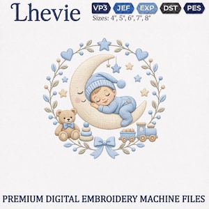 Peut inclure: Un motif de broderie numérique représentant un bébé dormant sur un croissant de lune crème, entouré d'une couronne de feuilles bleues, d'étoiles, de cœurs, d'un ours en peluche, d'un jouet à empiler et d'un train. Texte Lhevie et tailles 4, 5, 6, 7, 8 cm.