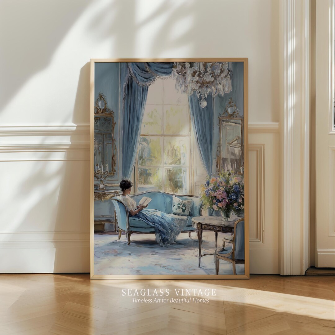 Blue Salon Reverie — Vintage Bookish Wall Art, Regency Reading Room ...