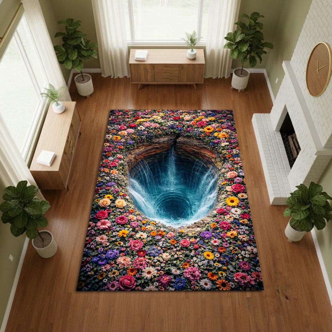 Fake Abyss Rug 3D Waterfall Abyss Rug, Colorful Flower Garden Opening Into Deep Water ...