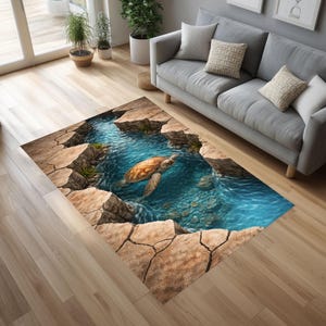 Puede incluir: Una alfombra rectangular con un diseño 3D de una tortuga marina nadando en un océano azul. La alfombra presenta un borde de tierra agrietada en tonos marrones y beige, creando una ilusión visual.
