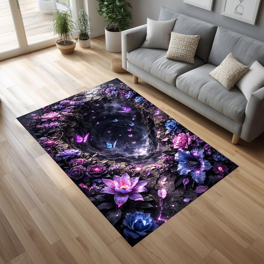 Visualabyss Rugs 3D Butterfly Abyss Rug, Glowing Butterflies Flying Over Deep Floral ...