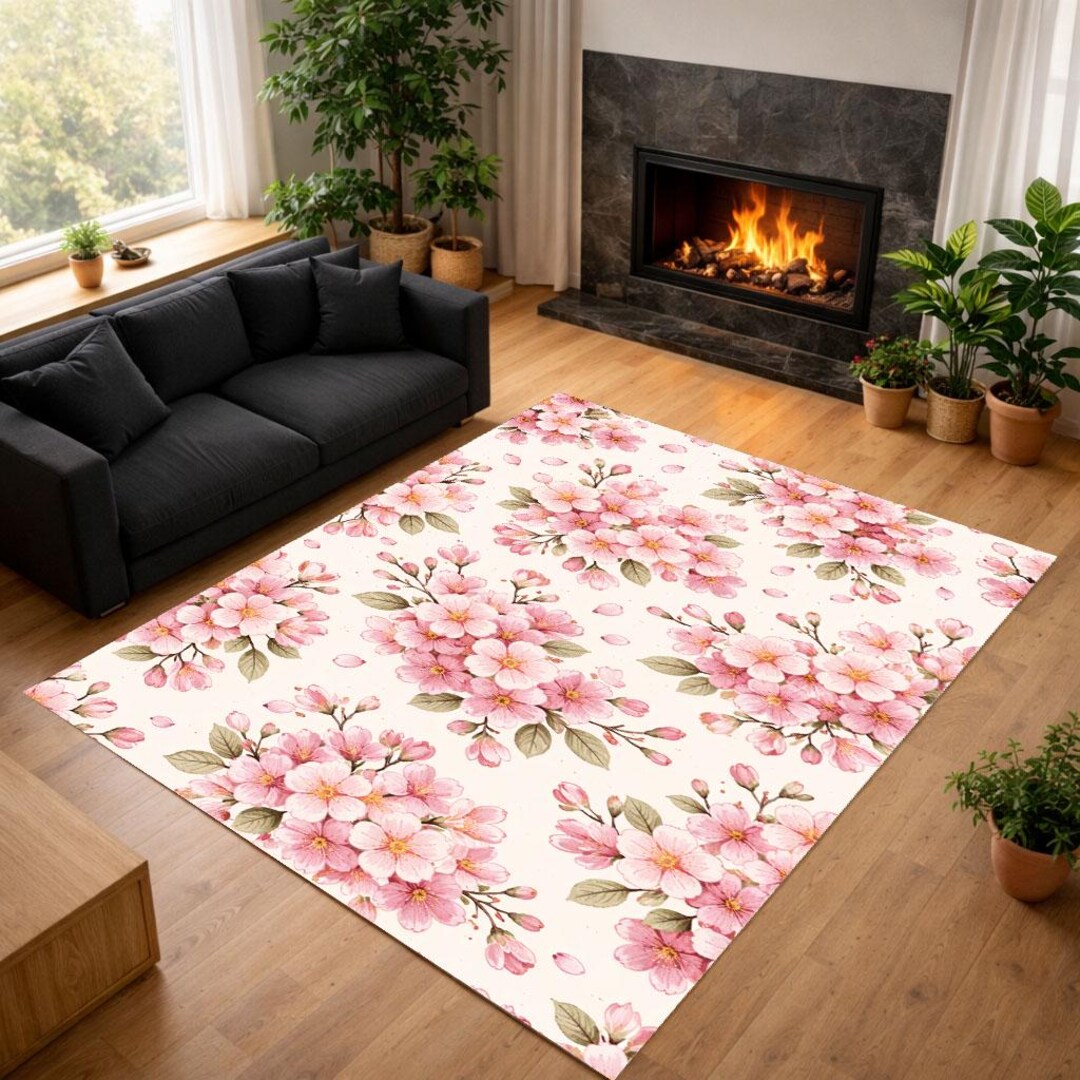 Sakura Rug Sakura Cherry Blossom Rug, Japanese Floral Pattern Area Rug, Pink ...