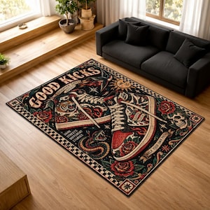 May include: A rectangular area rug featuring a black background with a graphic illustration of two high-top trainers. The design includes red roses, a snake, a skull, a sun, and text reading GOOD KICKS, BRIGHTER DAYS AHEAD, SAME STREETS DIFFERENT STORIES, and WALK YOUR OWN PATH.
