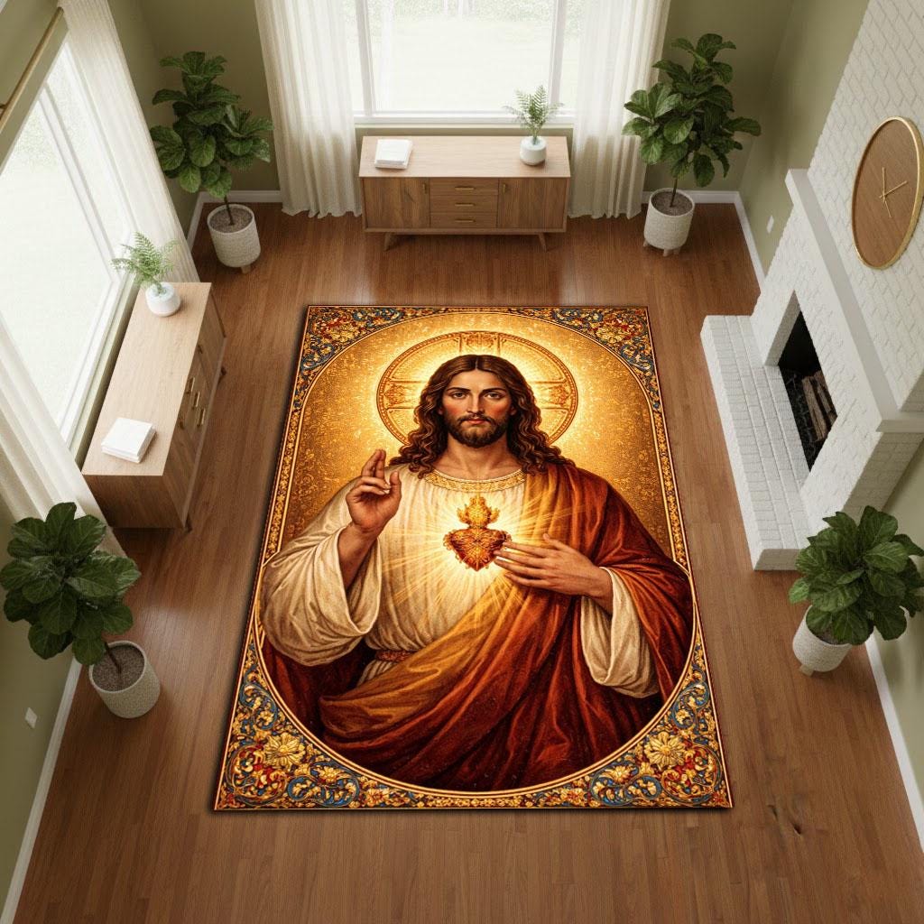 Jesus Rugs Graphics Sacred Heart of Jesus Rug, Golden Icon Christian Home Decor - Etsy
