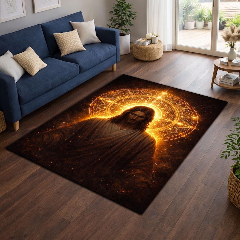 Jesus Christ Rug, Sacred Geometry Halo Design, Christian Spiritual Area ...