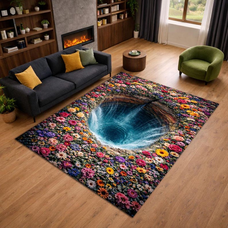 Visualabyss Rugs 3D Waterfall Abyss Rug, Colorful Flower Garden Opening Into Deep Water ...