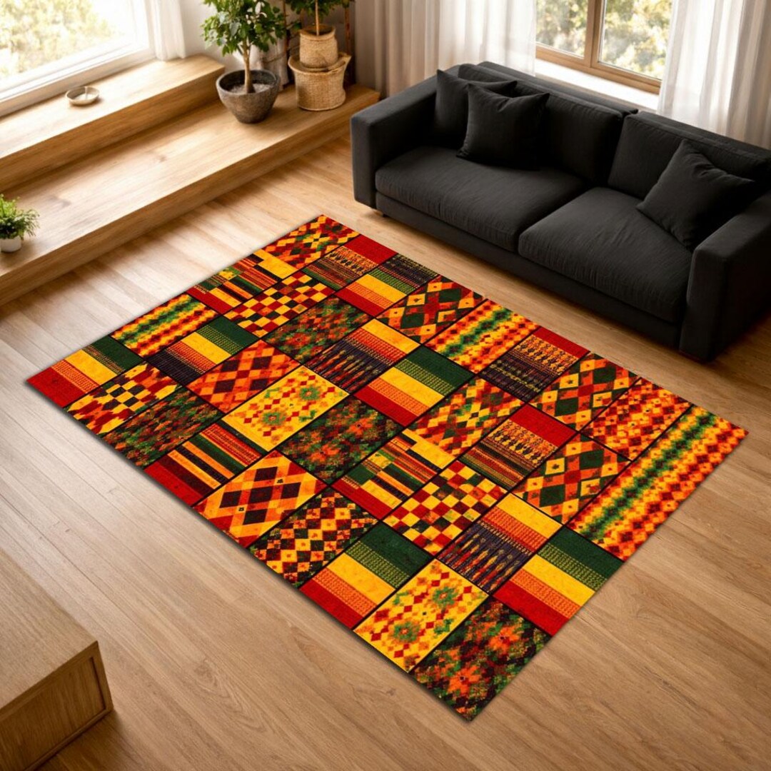 African Area Rug African Kente Patchwork Area Rug, Colorful Tribal Ethnic Decor Carpet ...