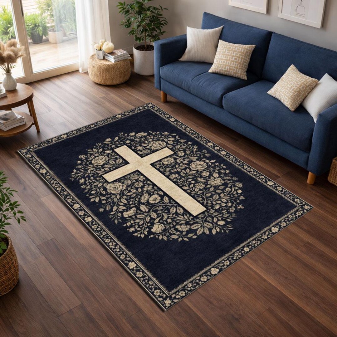 Floral Christian Cross Rug, Vintage Dark Religious Area Rug, Botanical ...