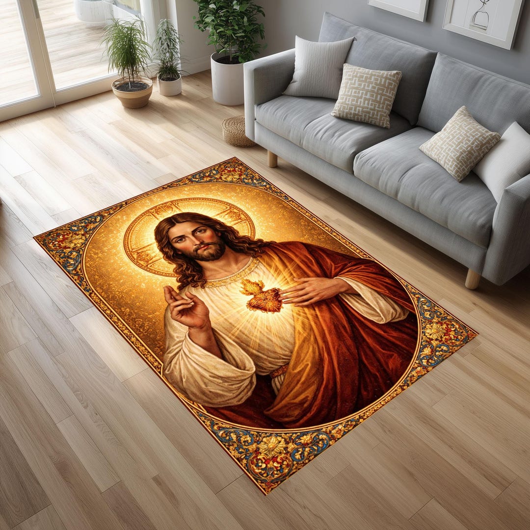 Scared Heart Rug Sacred Heart of Jesus Rug, Golden Icon Christian Home Decor - Etsy