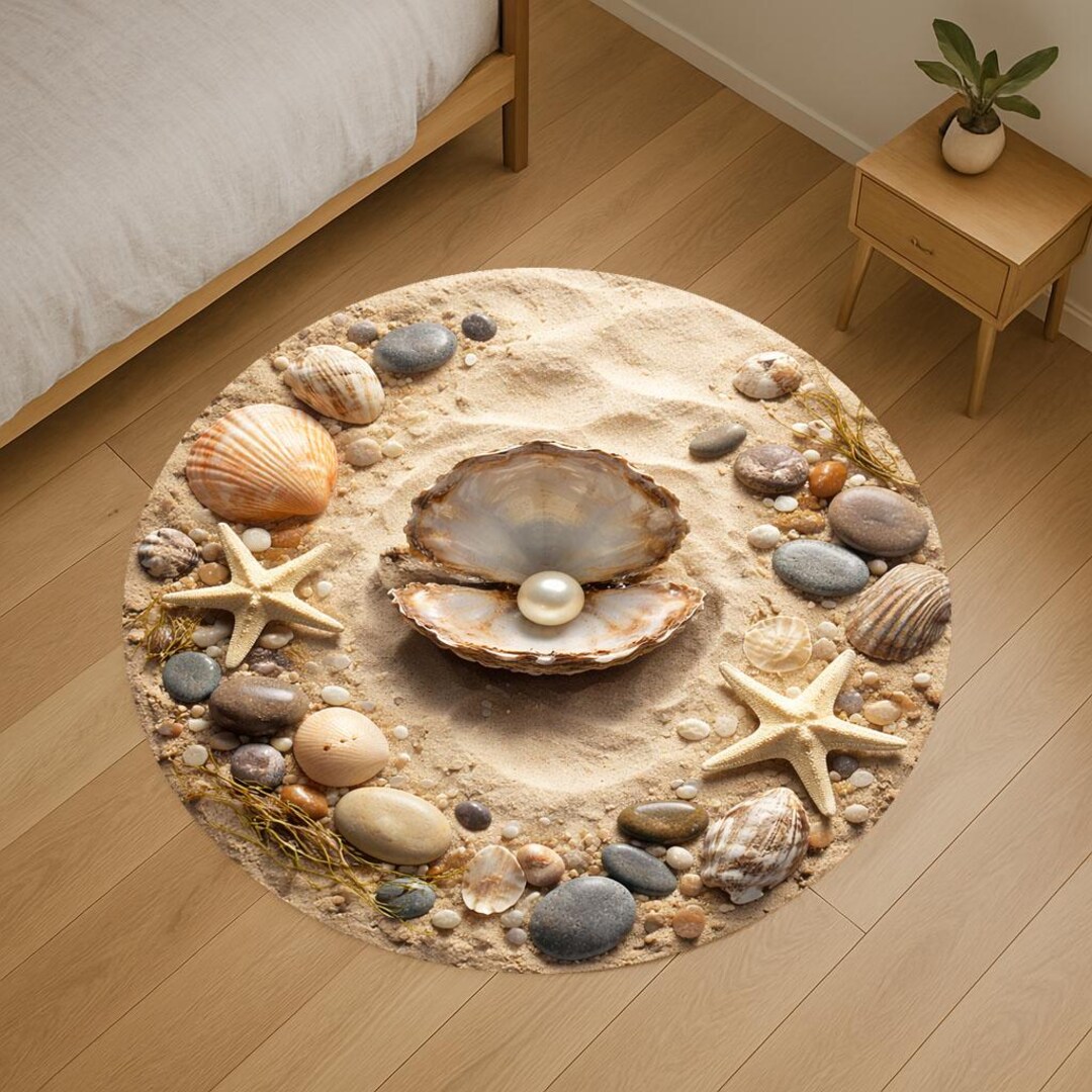 Sea Shell Patern Rug Seashell Pearl Round Rug, Coastal Beach Treasure Area Carpet - Etsy