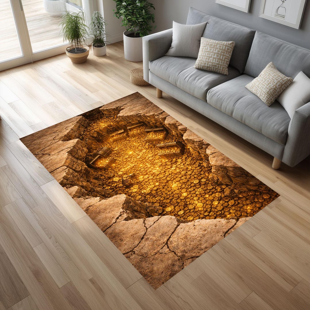 Coins Area Rug 3D Treasure Pit Rug, Golden Coins Illusion Rug, Luxury Gold Abyss Floor ...