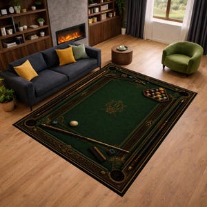 May include: A rectangular area rug featuring a dark green center with a gold crest and a dark brown border with ornate gold patterns. The design includes illustrations of pool cues, a rack of billiard balls, and a single white cue ball.