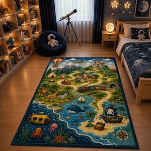 Peut inclure: Un tapis rectangulaire orné d'une carte illustrée colorée comprenant une route sinueuse, un château, un train, un bateau pirate, un sous-marin, une baleine, divers animaux sauvages, une montgolfière et une rose des vents sur fond bleu.