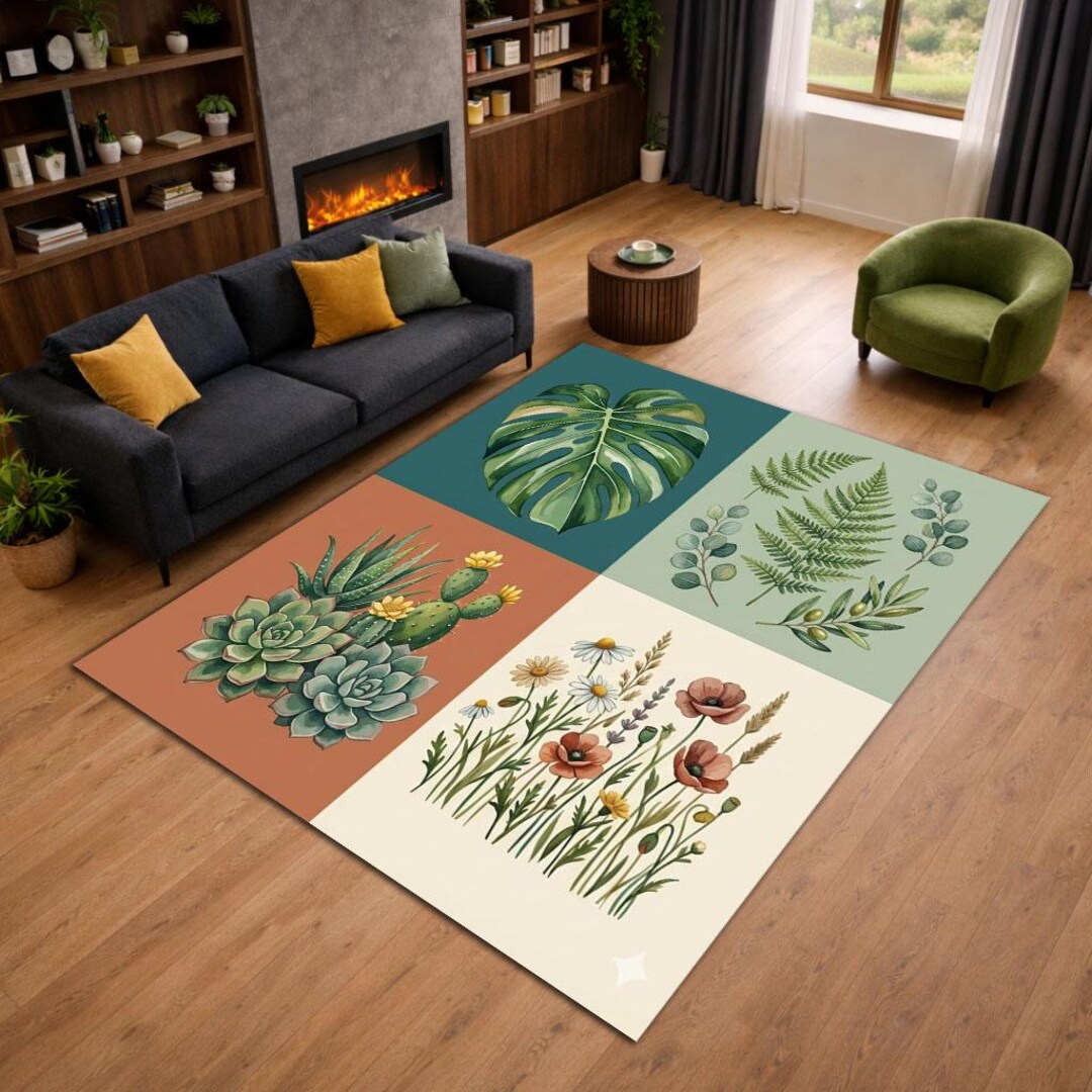 Botanical Plant Rug, Modern Leaf Art Carpet, Nature Inspired Decor - Etsy