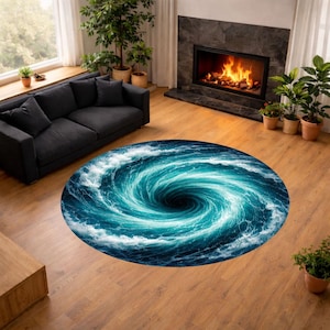 Puede incluir: Una alfombra redonda con un diseño de vórtice arremolinado en tonos azules y blancos. La alfombra crea una ilusión óptica de un agujero profundo. La alfombra está colocada sobre un suelo de madera en un salón.