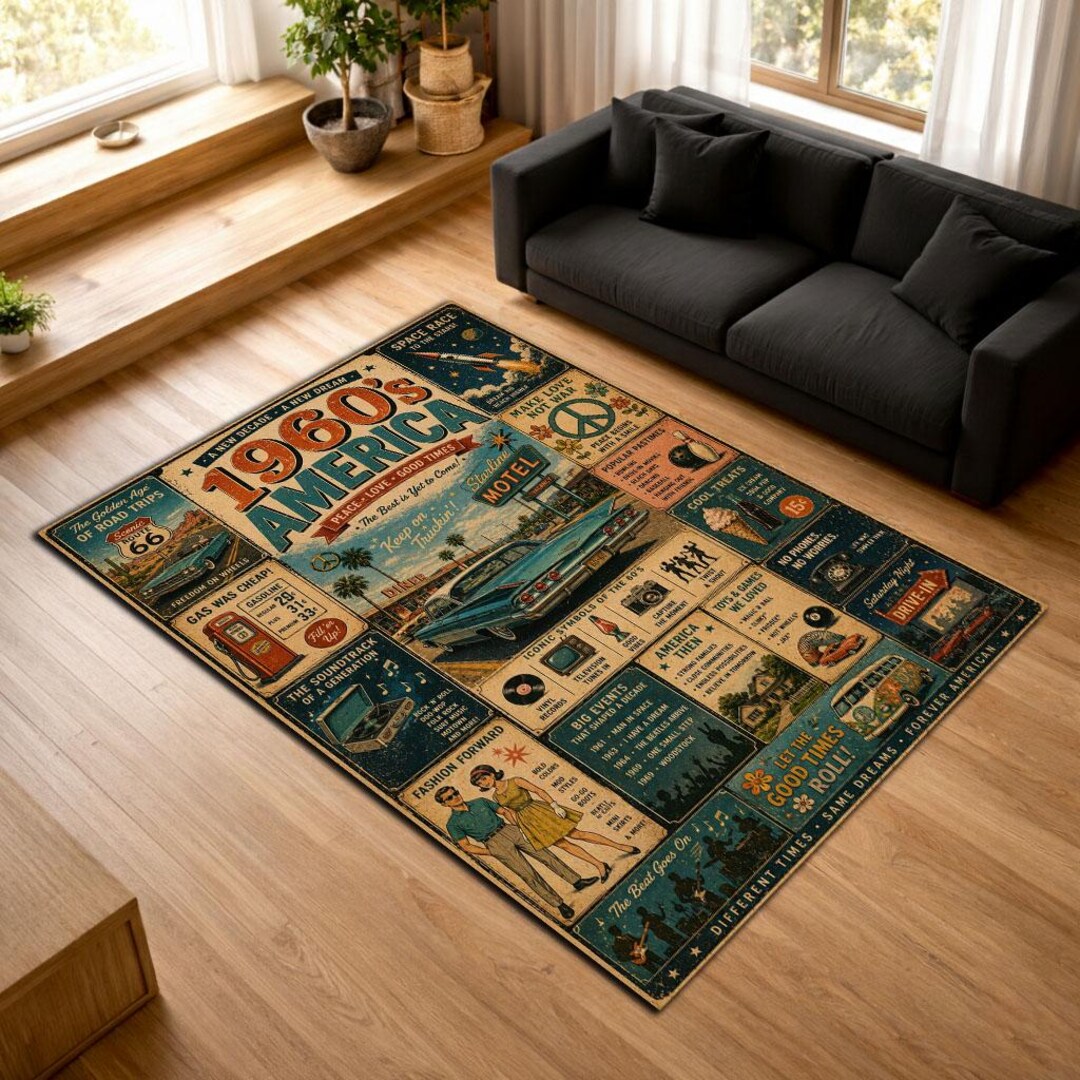 1960s America Vintage Roadside Rug, Retro Americana Decor, Classic Car ...