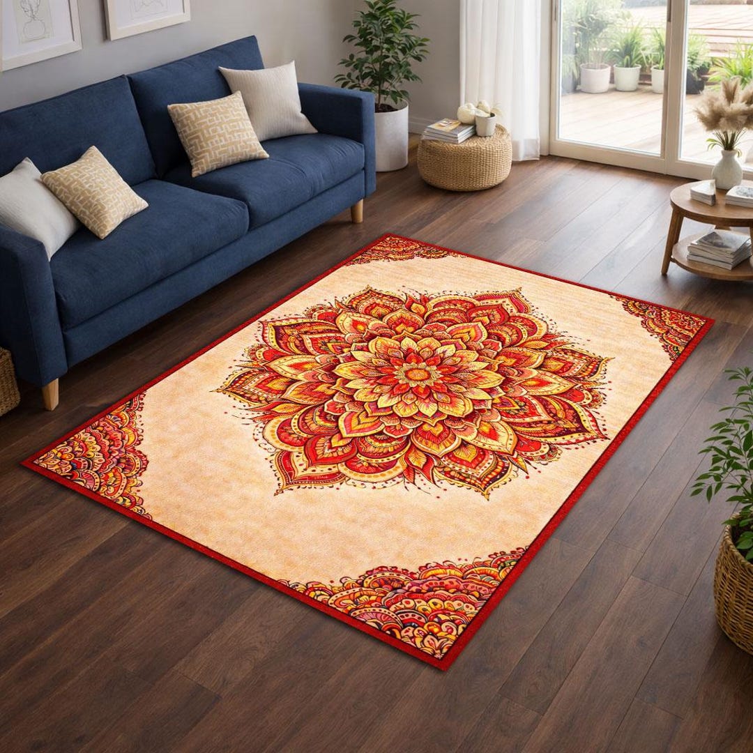 Red Mandala Area Rug, Bohemian Floral Pattern Carpet, Vintage Ethnic ...