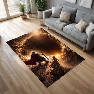 3D Knight Abyss Rug, Medieval Warrior Standing Over Endless Canyon Hole Illusion Carpet, Fantasy Dungeon Depth Floor Decor Rug