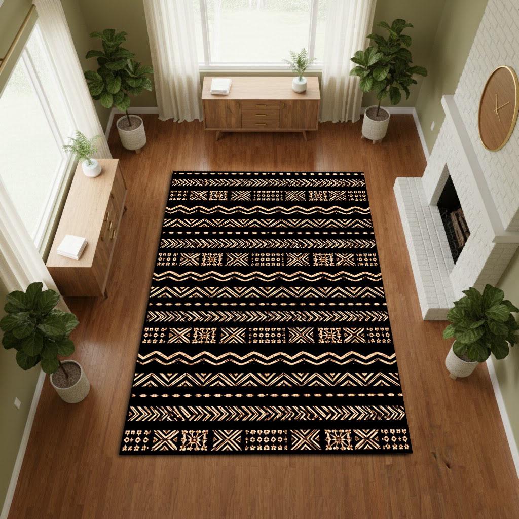 Mudcloth Tribal Rug, African Bogolan Pattern Area Rug, Ethnic Black ...