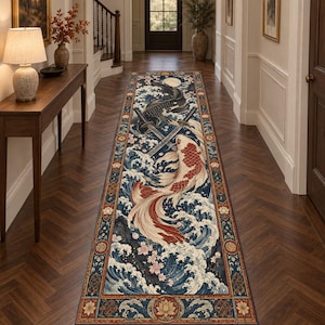 May include: A long rectangular runner rug featuring a dark blue background with a large white and red koi fish and a black koi fish swimming amidst stylized white waves and pink cherry blossoms, accented by two crossed swords and a decorative border.