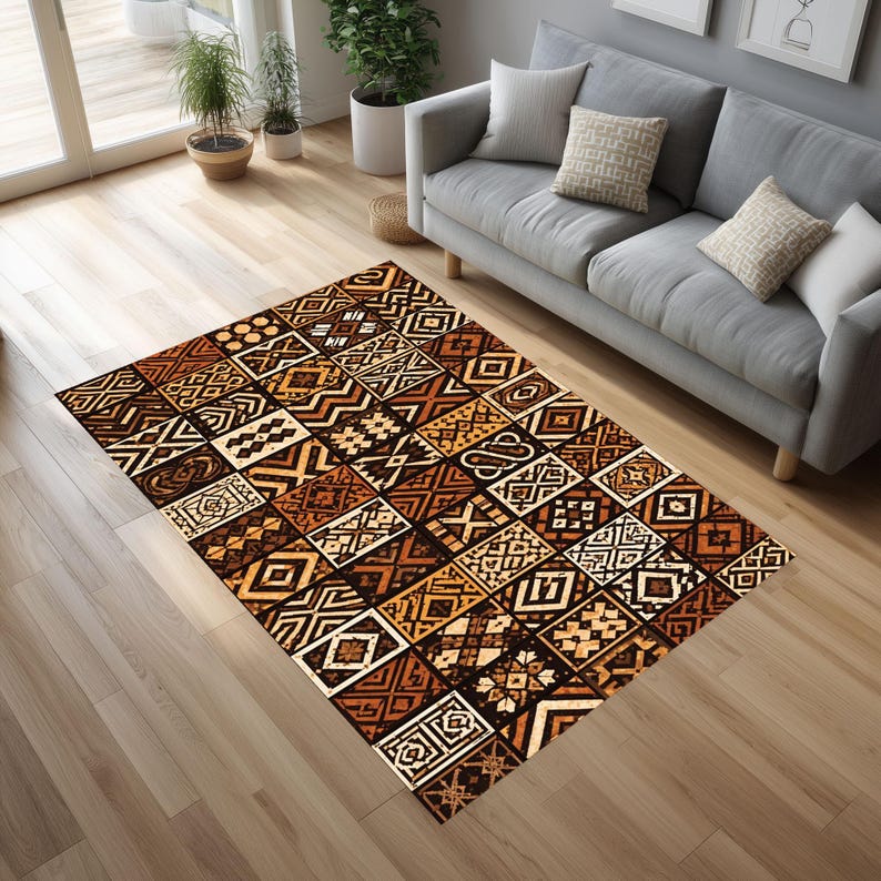 African Mudcloth Rug, Bogolan Tribal Pattern Area Carpet, Ethnic Decor ...