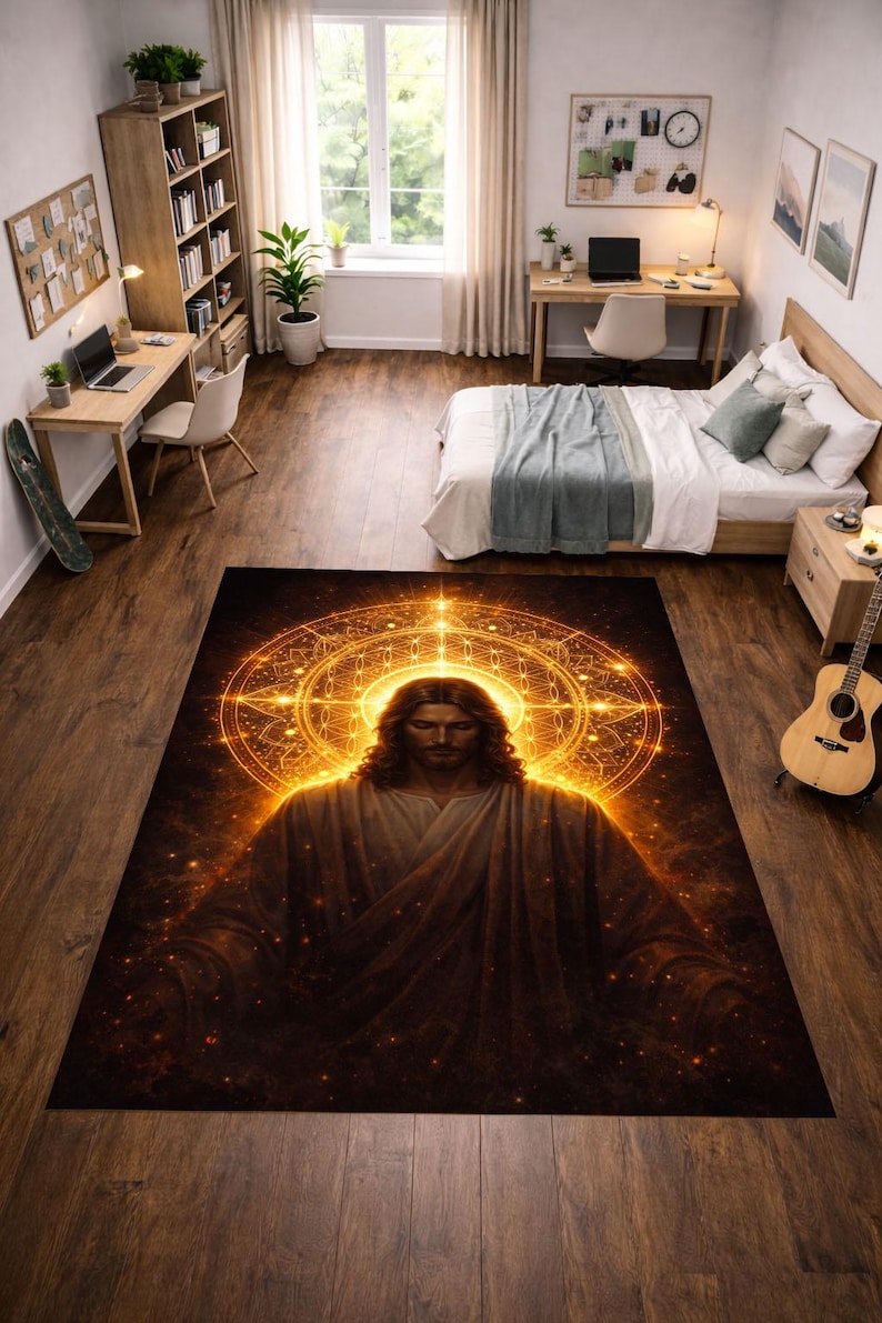 Jesus Christ Rug, Sacred Geometry Halo Design, Christian Spiritual Area ...