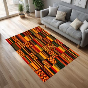May include: A rectangular area rug with a patchwork design. The rug features a vibrant mix of colors including red, yellow, orange, green, and black. The pattern includes stripes, diamonds, and geometric shapes, creating a bold and eye-catching design.