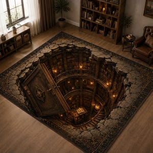 Peut inclure: Un tapis rectangulaire présentant une illusion d'optique en trois dimensions représentant un puits de bibliothèque circulaire profond. Le motif montre une ouverture bordée de pierre avec une grande porte en bois menant à une bibliothèque.