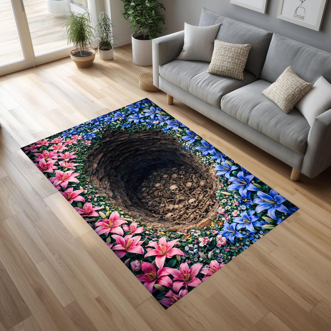 Skeleton Abyss Rug 3D Skull Pit Rug, Deep Skeleton Abyss Surrounded by Colorful Flower ...