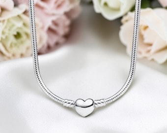 Slangenketting met hartsluiting, sterlingzilveren hartsluitingsketting voor haar, bedel draagketting cadeau voor haar, hartsieraden
