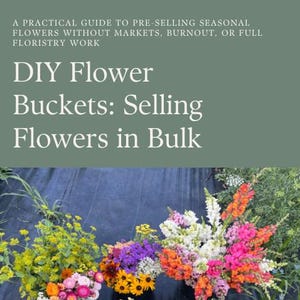 Puede incluir: Imagen de una portada de libro titulada "DIY Flower Buckets: Selling Flowers in Bulk" con arreglos florales coloridos. El texto está sobre un fondo verde. La imagen también incluye una foto de la autora, Assylgul Carlton.