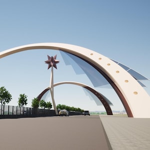 May include: A large, curved architectural archway structure featuring a light beige frame with circular cutouts, translucent blue panels, and a central dark red star-shaped ornament mounted on a tall, slender pole, spanning over a paved road.