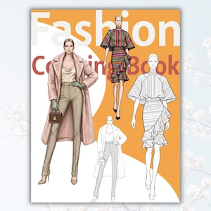 Può includere: Copertina di un libro da colorare di moda con illustrazioni di abbigliamento femminile. La copertina presenta le parole "Fashion Coloring Book" in bianco e rosso. Le illustrazioni includono un cappotto rosa, un vestito a righe e un cappotto bianco.