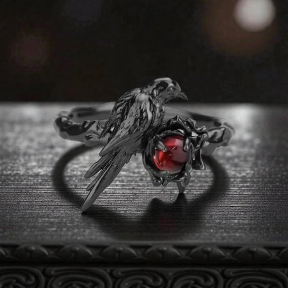 Gothic Raven Ring, Crimson Orb, Punk Goth Jewelry