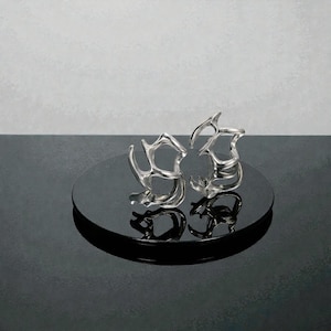 Puede incluir: Dos anillos abstractos de plata con un diseño orgánico y calado. Los anillos se exhiben sobre una superficie negra y reflectante, creando un efecto de espejo. El fondo es un degradado de gris y blanco.