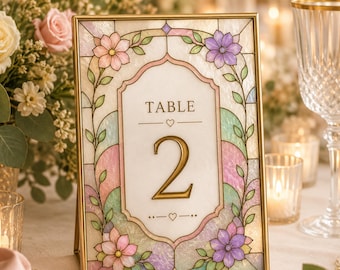 Números de mesa con diseño floral en vidrieras / Decoración para bodas / 5x7 (Descarga digital)