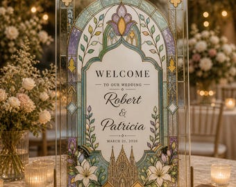 Letrero de bienvenida para bodas con vidrieras / Decoración floral en tonos pastel para la ceremonia (plantilla digital)
