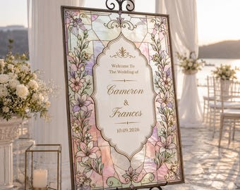 Letrero de bienvenida para bodas con efecto vitral / Plantilla Boho Flora para Canva / 24x36 / Imprimible (Descarga digital)