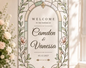 Letrero de bienvenida para bodas con diseño de catedral floral / Vidriera artificial / Arco Art Nouveau / Plantilla editable de Canva / Descarga digital