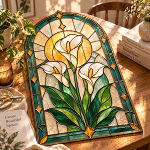 May include: An arched stained glass panel featuring three white calla lilies with yellow centers, set against a circular golden sunburst background. The border is composed of deep teal glass segments with small amber diamond accents throughout.