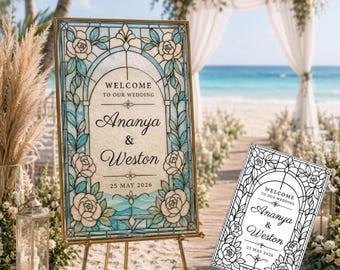 Letrero de bienvenida para bodas con vidrieras / Letrero con espejo / Plantilla editable de Canva / Descarga instantánea / 24x36