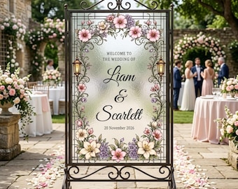 Plantilla de cartel de bienvenida para bodas con efecto vidriera / Estilo vintage editable (descarga digital)
