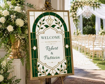 Letrero de bienvenida para bodas en vidrieras verde esmeralda / Plantilla de Canva / Editable / Descarga instantánea / 24x36