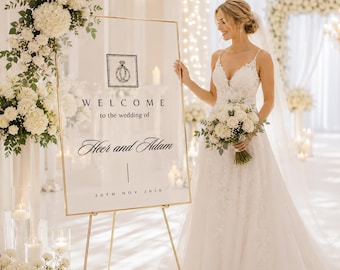 Letrero de bienvenida de boda de lujo en blanco puro / Vidriera / Editable en Canva / 24 x 36