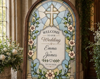 Letrero de bienvenida para bodas en vitral / Decoración rústica para ceremonias en iglesias (Archivo digital)