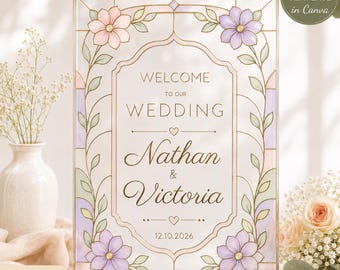 Letrero de bienvenida para bodas con efecto vitral / Plantilla editable de Canva con diseño floral (descarga digital)