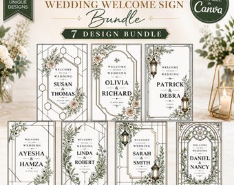 Paquete de letreros de bienvenida para bodas con diseño de vidrieras / 7 plantillas editables de Canva (descarga digital)